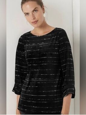 J JILL LIKE NEW Black Striped Velvet Boatneck Top